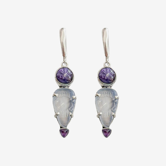 39563L Chalcedony, Charoite, Amethyst Earrings