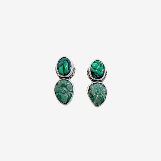 39564A Hand-Carved Emerald, Abalone Earrings