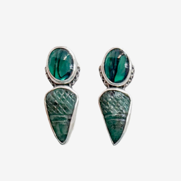 39564B Hand-Carved Emerald, Abalone Earrings