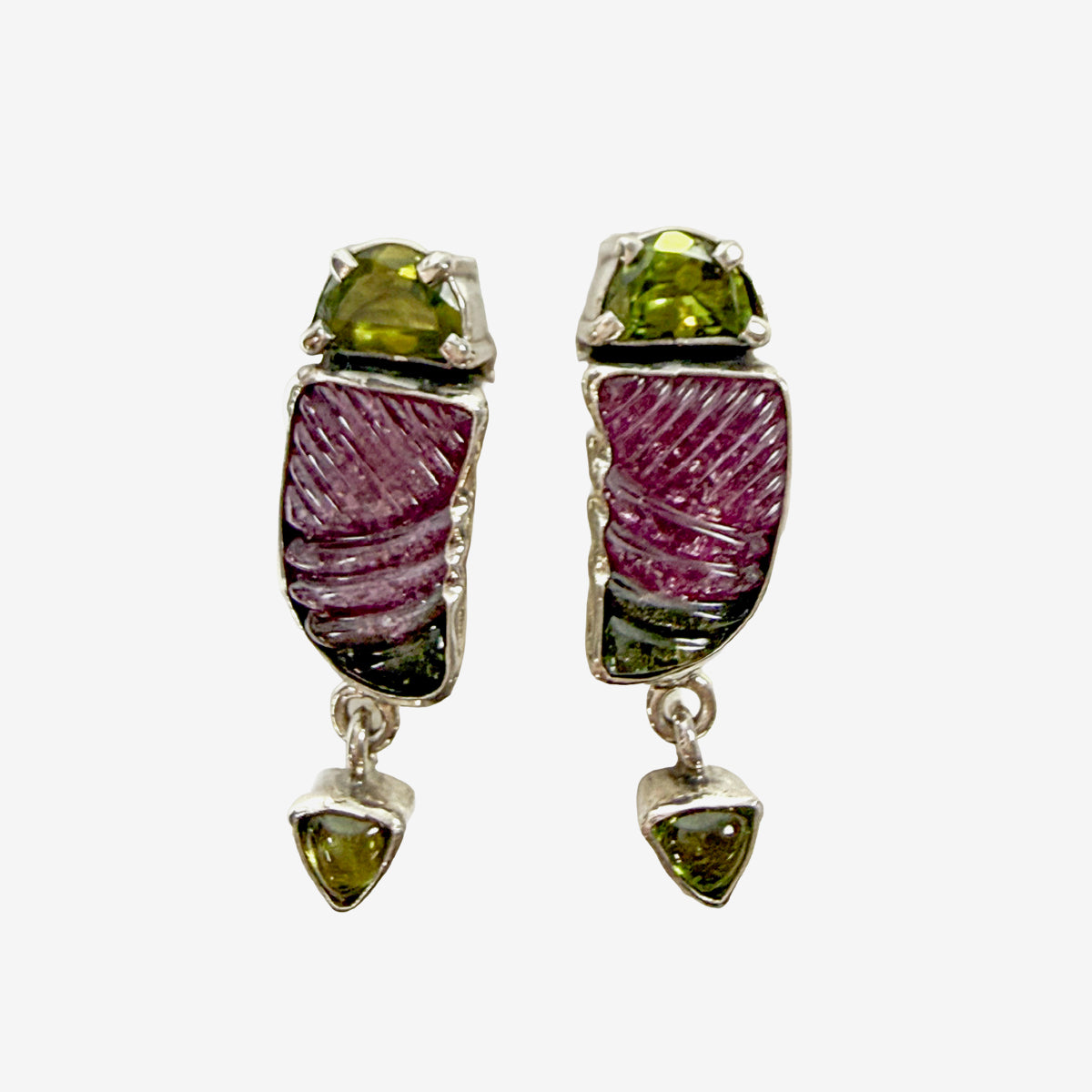 39566 Hand-Carved Tourmaline, Peridot Earrings