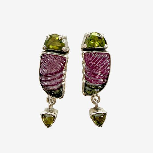 39566 Hand-Carved Tourmaline, Peridot Earrings