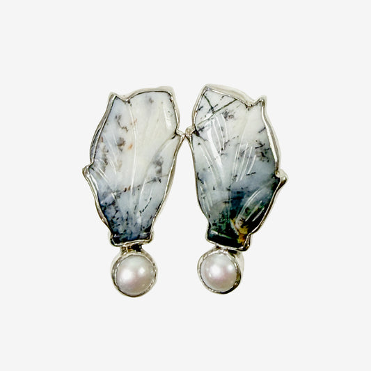 39568 Hand-Carved Leaf, Freshwater Pearl Earrings