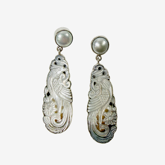 39578 Hand-Carved Mother of Pearl, Freshwater Pearl Earrings
