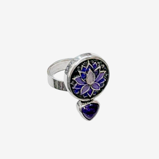 39580A Hand-Enameled Lotus, Amethyst Ring