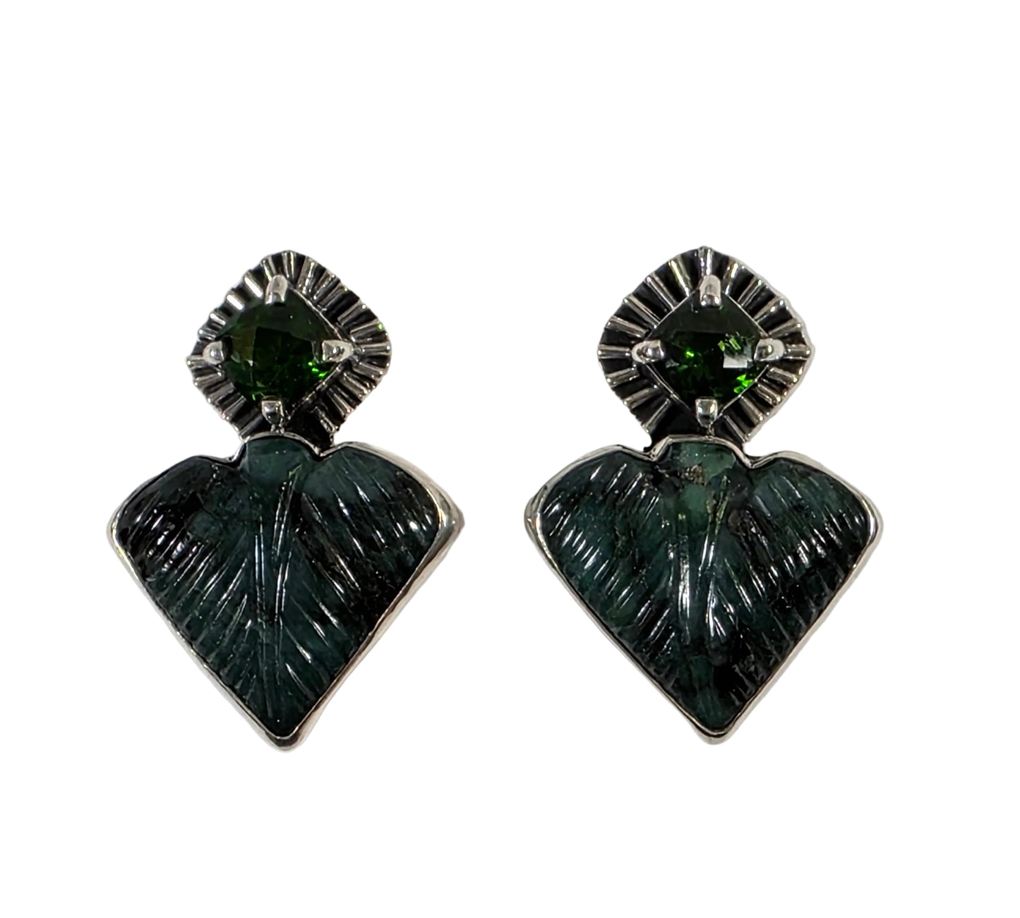 39583 Hand Carved Emerald, Chrome Diopside Sterling Silver Earrings