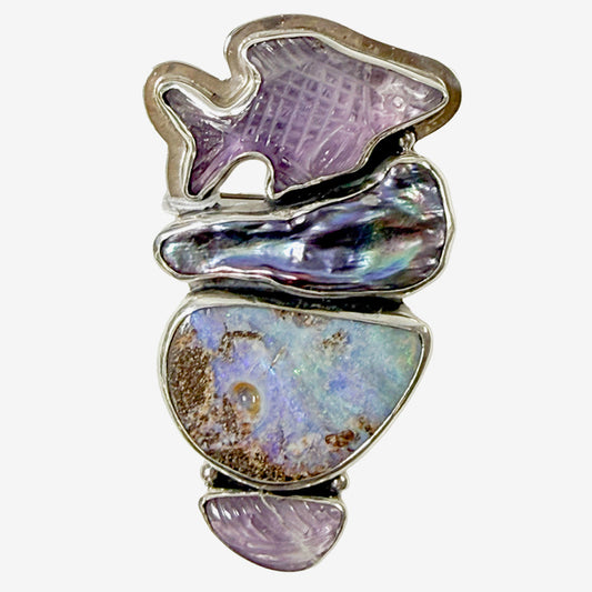 39585 Hand-Carved Amethyst Fish, Freshwater Pearl Pin / Pendant