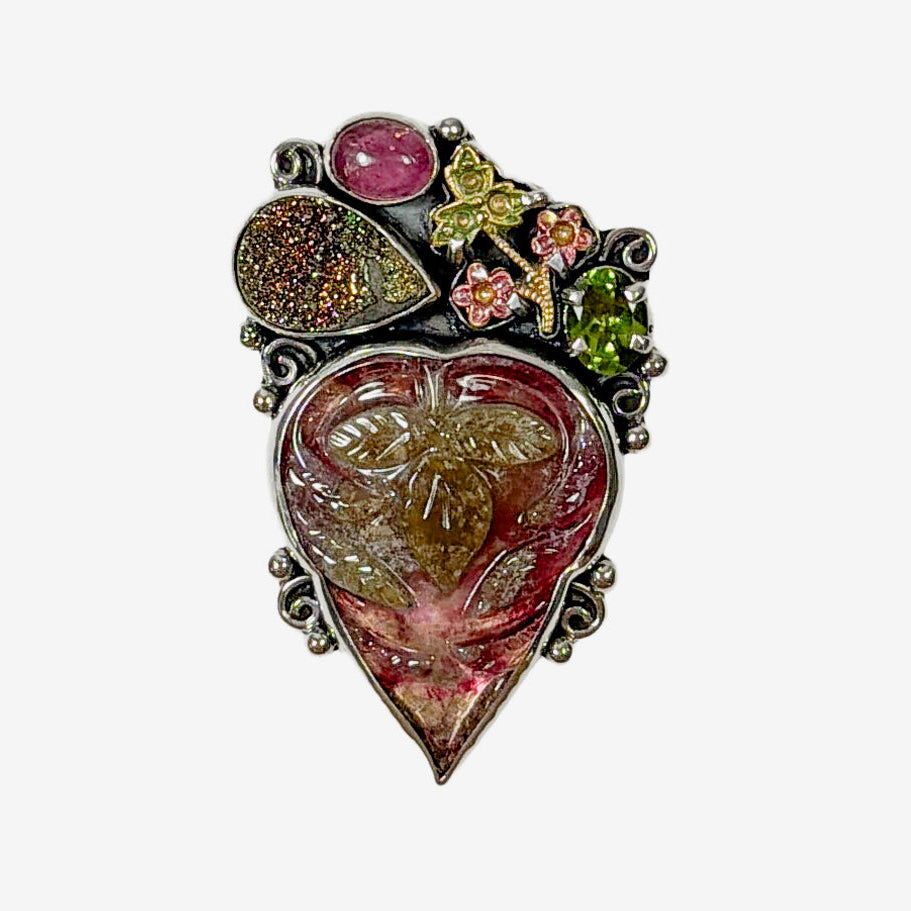 39587A Hand-Carved Tourmaline, Natural Rainbow Pyrite Pin / Pendant