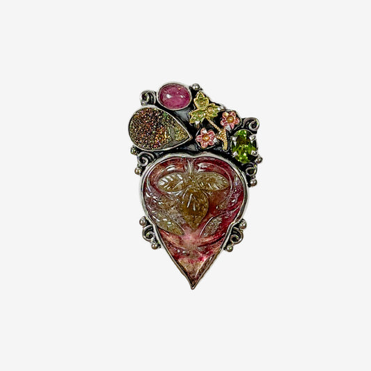 39587A Hand-Carved Tourmaline, Natural Rainbow Pyrite Pin / Pendant