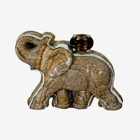 39588 Hand-Carved Picture Jasper Elephant, Smokey Topaz Pin / Pendant