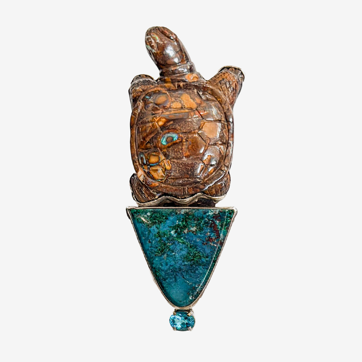 39590 Hand-Carved Boulder Opal Sea Turtle, Chrysocolla Pin / Pendant