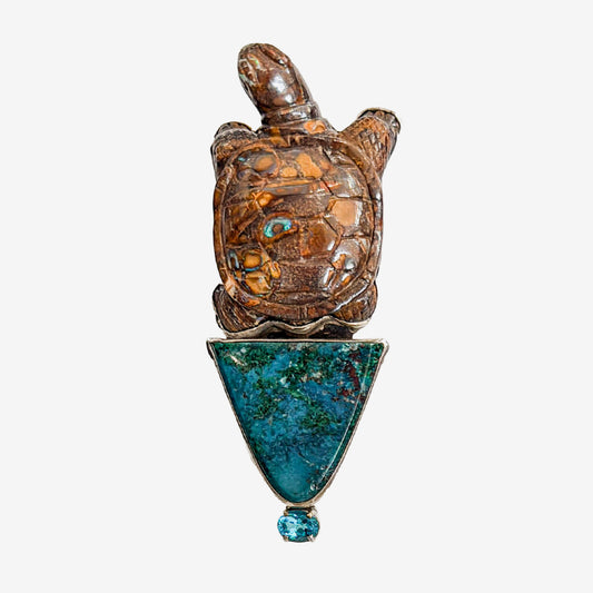 39590 Hand-Carved Boulder Opal Sea Turtle, Chrysocolla Pin / Pendant
