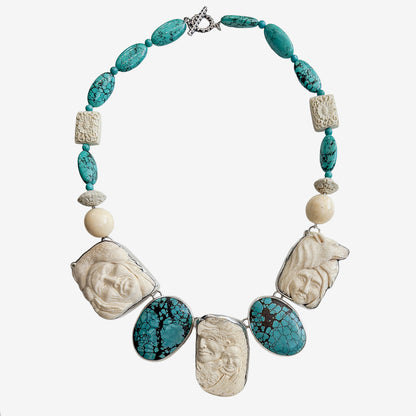 39597 Hand-Carved Antler, Turquoise, Cinnabar Necklace