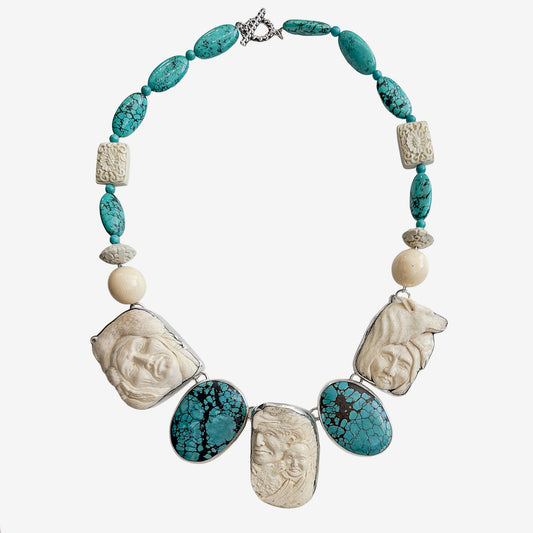 39597 Hand-Carved Antler, Turquoise, Cinnabar Necklace