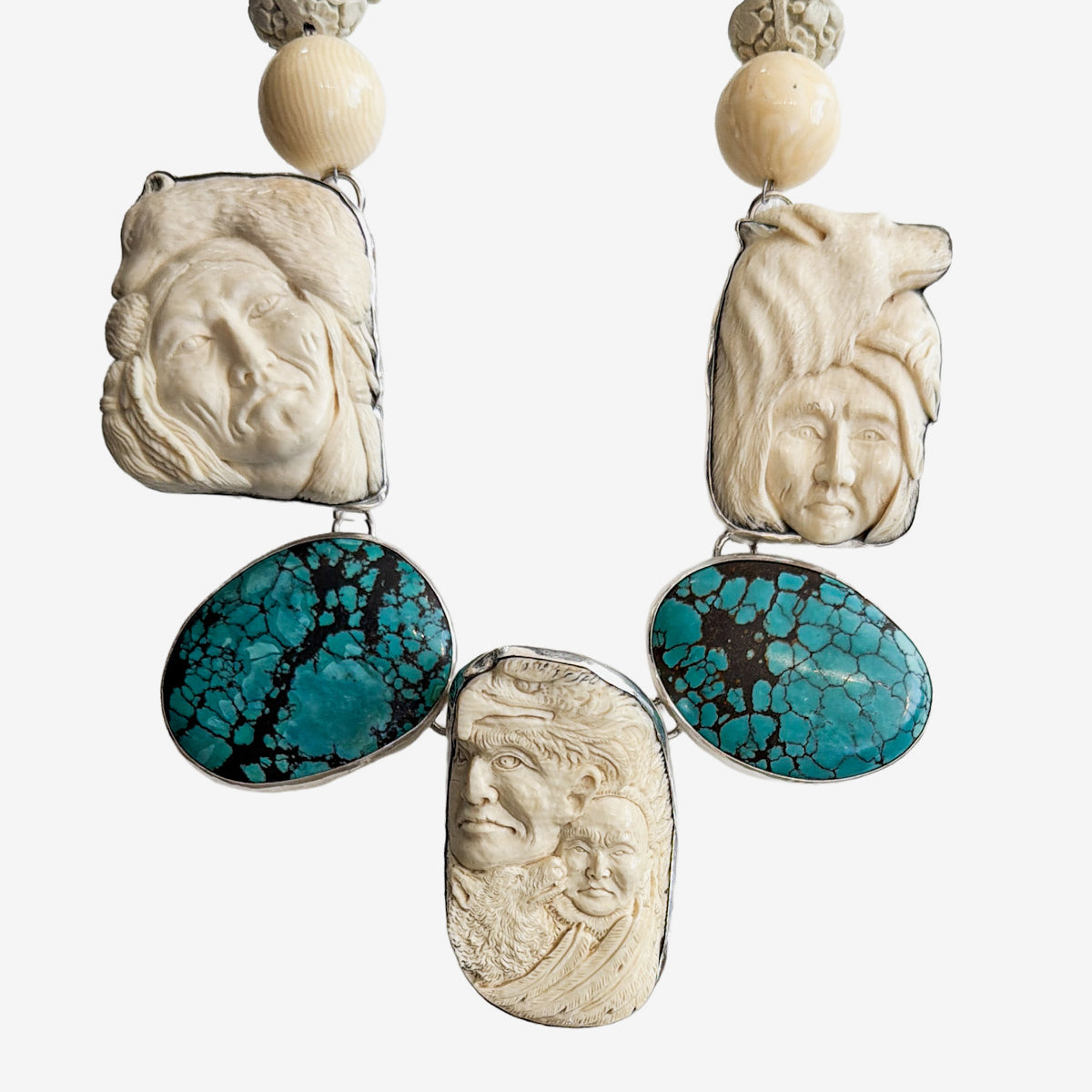 39597 Hand-Carved Antler, Turquoise, Cinnabar Necklace