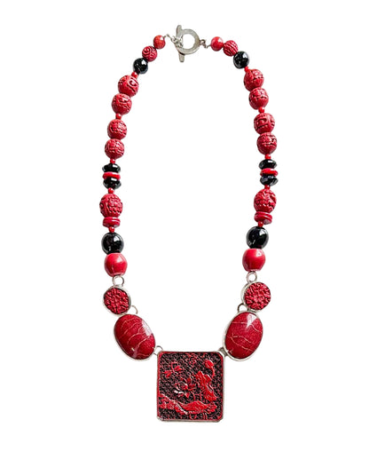 39598 Hand-Carved Cinnabar Beaded Necklace