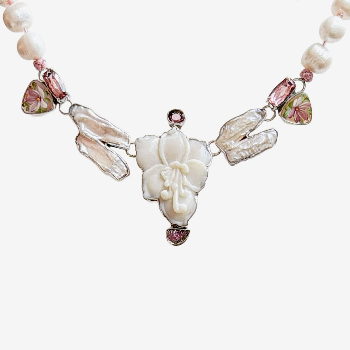39600 Hand-Carved Opal Floral, Freshwater Pearl, Pink Quartz Necklace