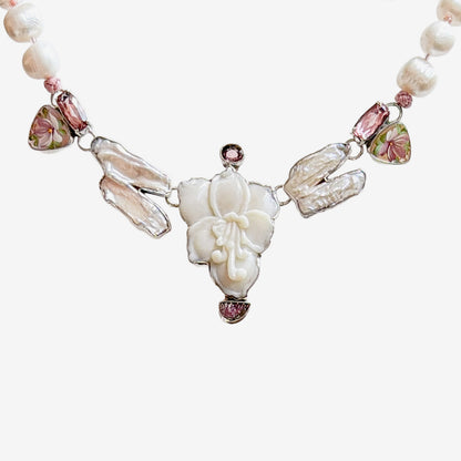 39600 Hand-Carved Opal Floral, Freshwater Pearl, Pink Quartz Necklace