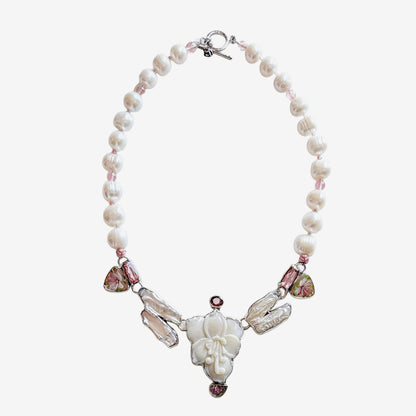 39600 Hand-Carved Opal Floral, Freshwater Pearl, Pink Quartz Necklace