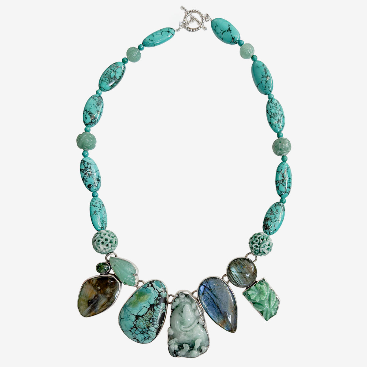 39602 Hand-Carved Jade, Turquoise, Labradorite Beaded Necklace