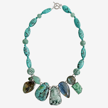 39602 Hand-Carved Jade, Turquoise, Labradorite Beaded Necklace