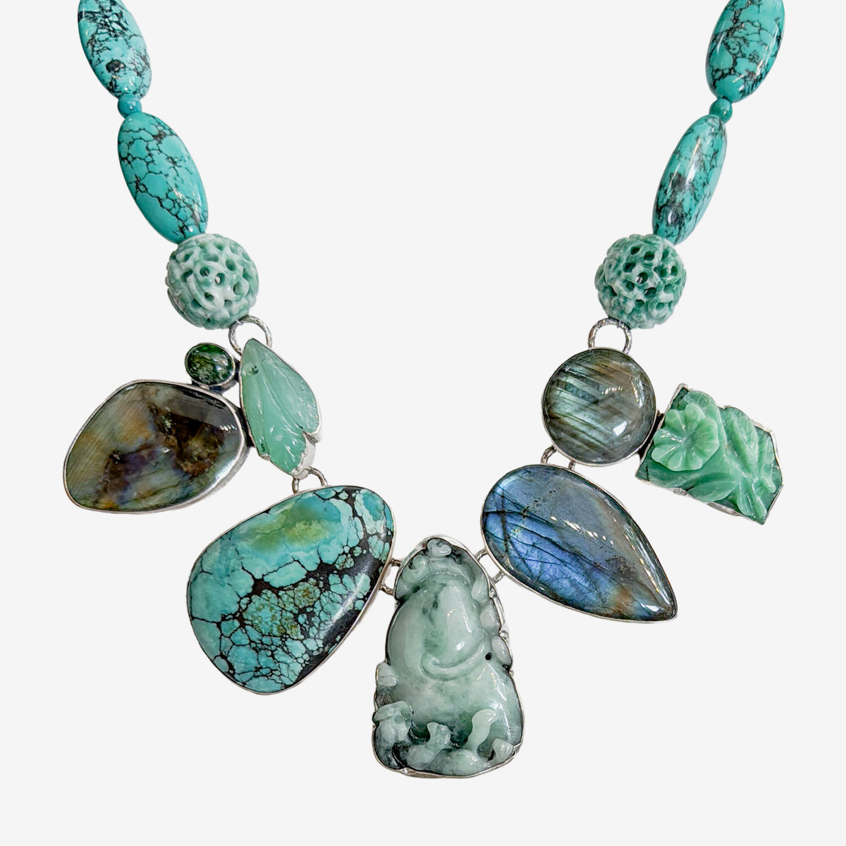 39602 Hand-Carved Jade, Turquoise, Labradorite Beaded Necklace