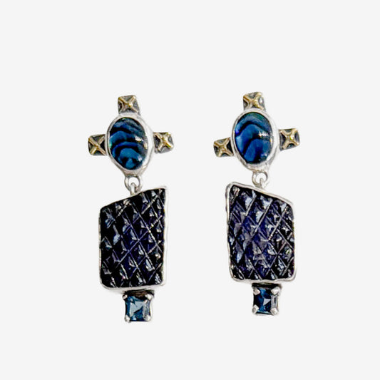 39609 Iolite, Blue Topaz, Abalone Earrings