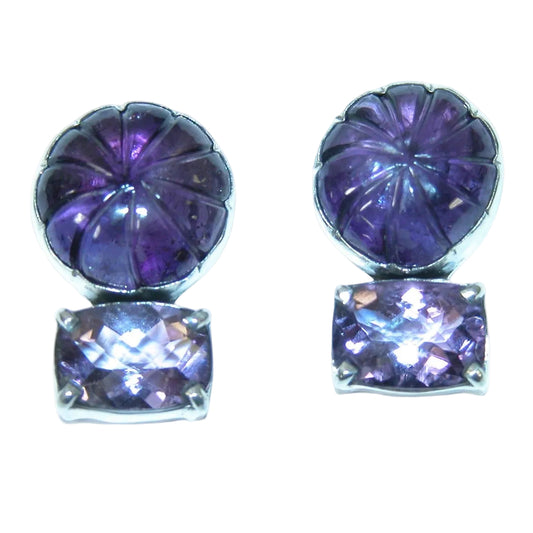 39618 Hand Carved Amethyst Earrings Set in Sterling Silver