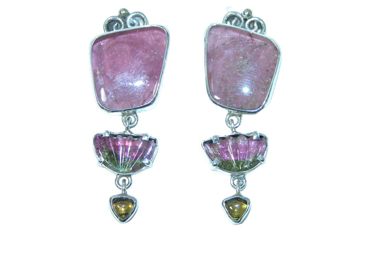 39620 Hand Carved Tourmaline, Vesuvianite and Sterling Silver Earrings