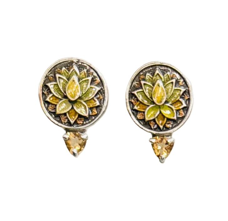 39621A Yellow Enamel Lotus, Citrine Earrings