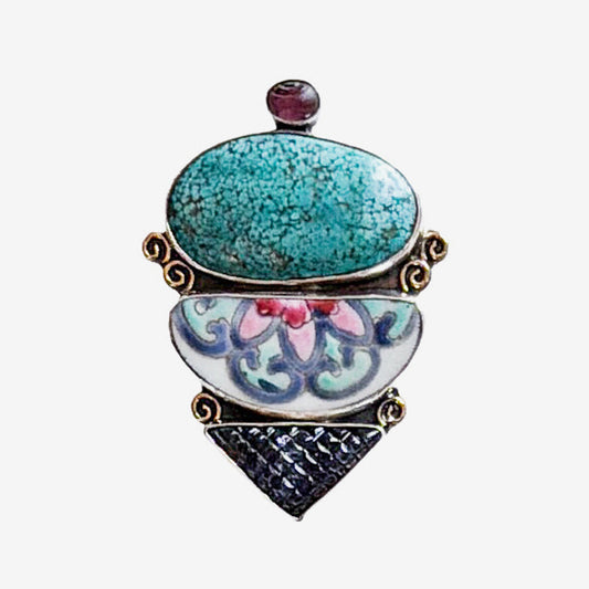 39626 Turquoise, Antique Porcelain, Iolite Pin / Pendant
