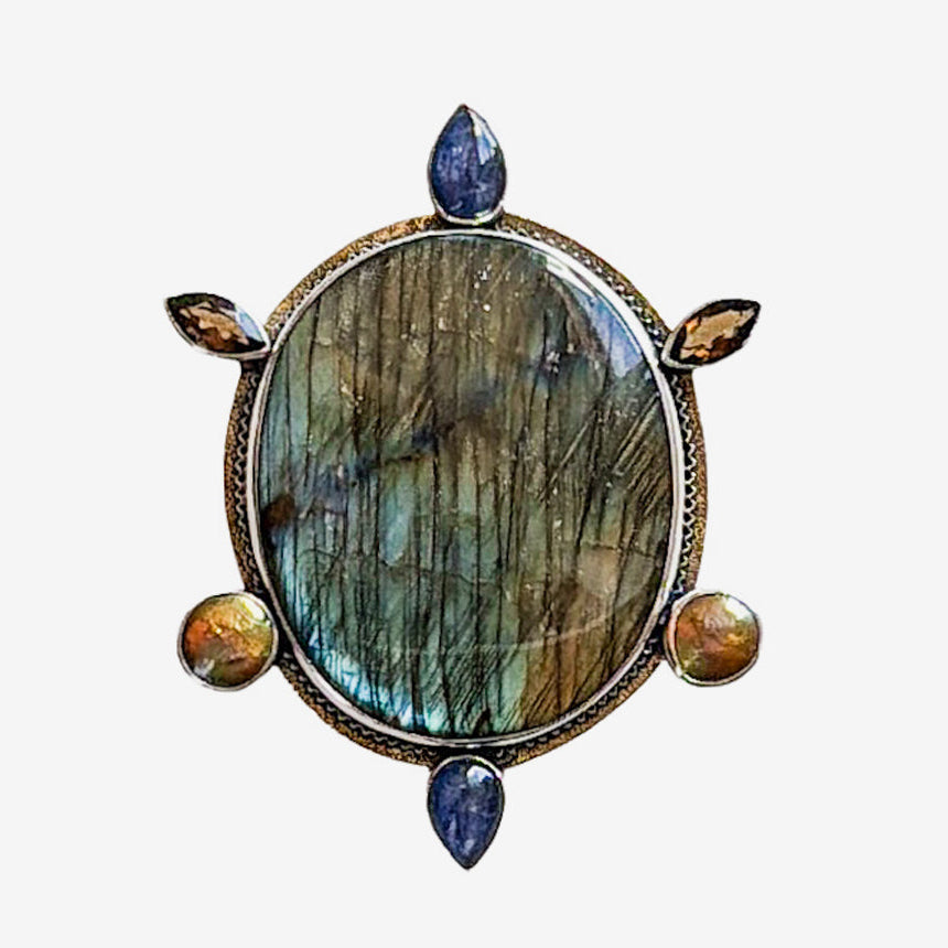 39630 Labradorite, Kyanite, Freshwater Pearl Pin / Pendant