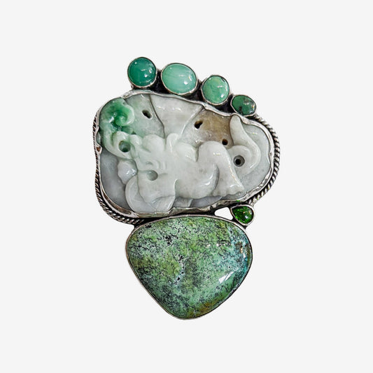 39632 Carved Jade, Turquoise, Chrysoprase Sterling Silver Pin / Pendant