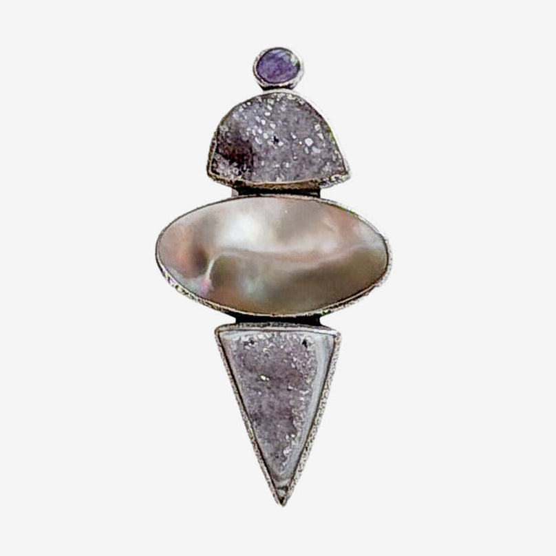 39637 Druzy Agate, Freshwater Pearl, Amethyst Pin / Pendant
