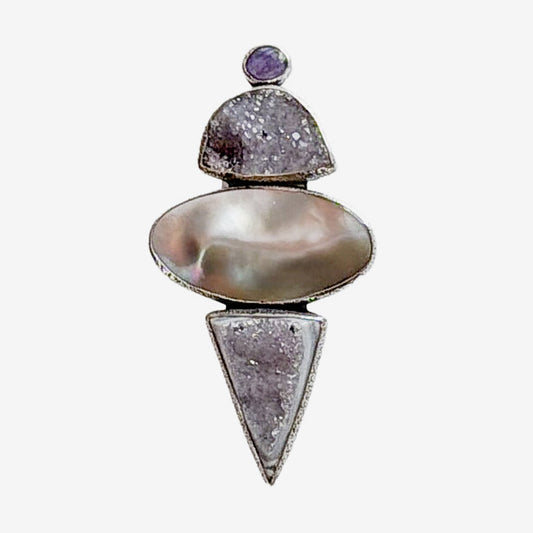 39637 Druzy Agate, Freshwater Pearl, Amethyst Pin / Pendant