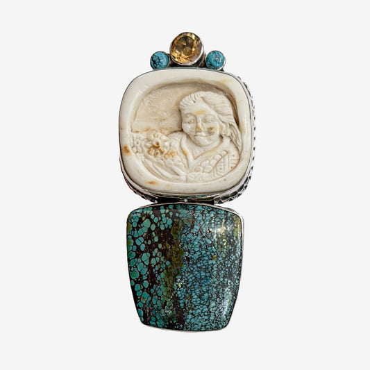 39639 Hand-Carved Antler, Turquoise, Citrine Pin / Pendant