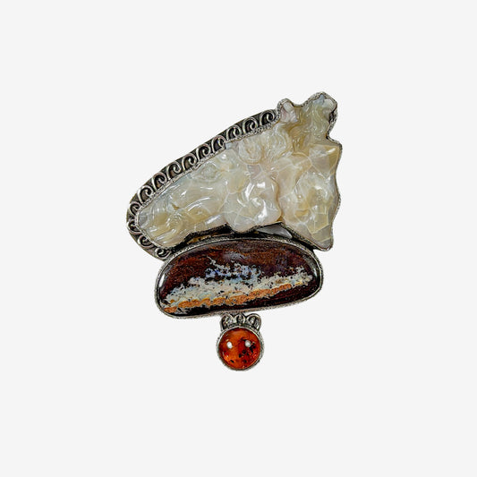 39649 Hand-Carved Boulder Opal Horse, Baltic Amber Pin / Pendant