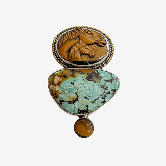 39652 Hand-Carved Tiger's Eye Horse, Turquoise Pin / Pendant