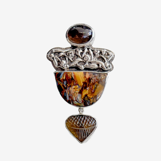 39655 Antique Chinese Silver, Hand-Carved Tourmaline Pin / Pendant