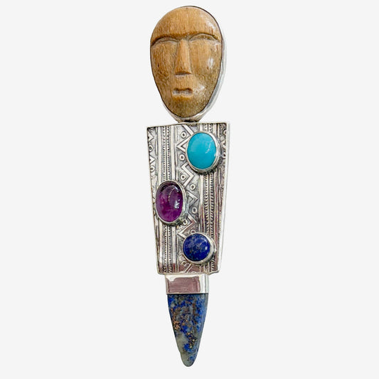 39659A Hand-Carved Fossil Totem, Turquoise, Amethyst, Lapis Pin / Pendant