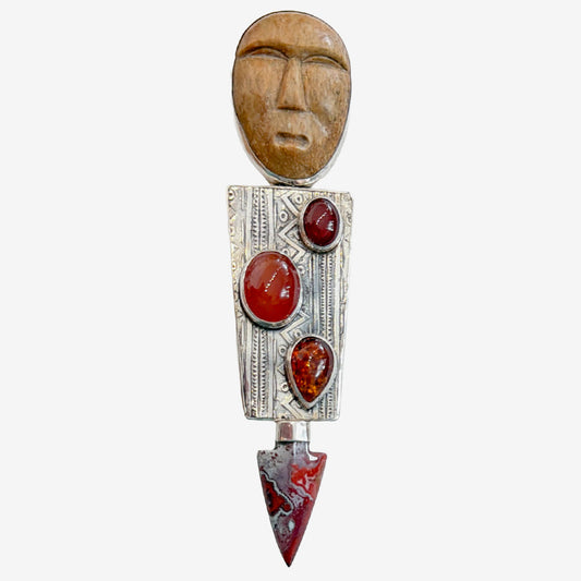 39659B Hand-Carved Fossil Totem, Carnelian, Amber Pin / Pendant