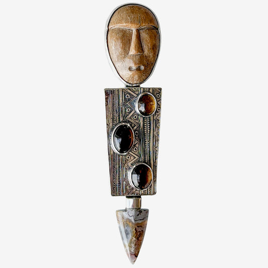 39659 Hand-Carved Fossil Totem, Agate, Whiskey Topaz Pin / Pendant