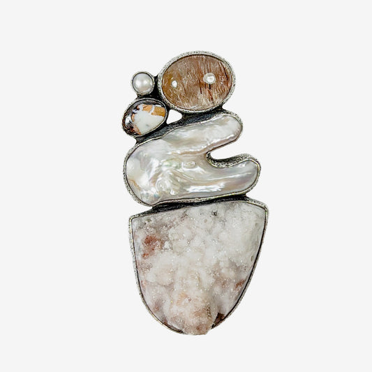 39665 Natural Agate, Boulder Opal, Freshwater Pearl Pin / Pendant