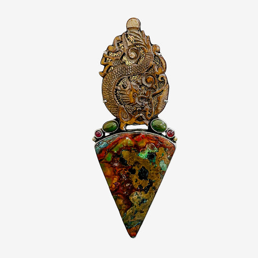 39667 Chinese Antique Carved Bone Dragon, Chrysocolla Pin / Pendant