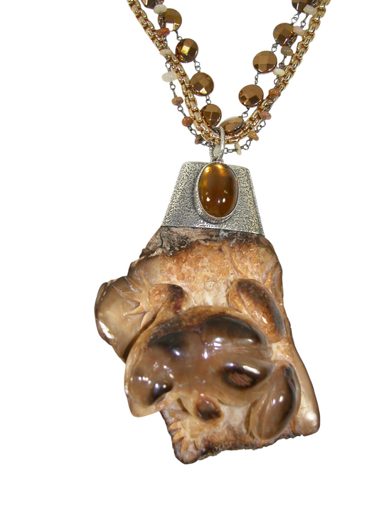 40002 Carved Fossil Frog on Medium Length 3 Strand Chain Necklace
