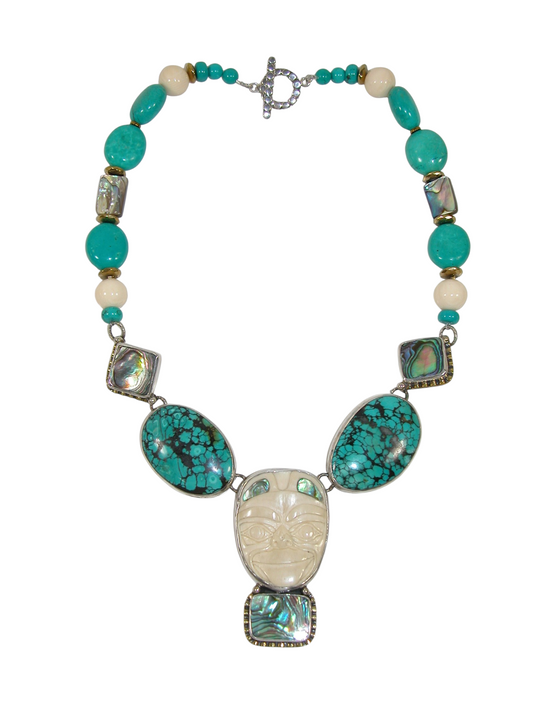 40003 Carved Totem Face Turquoise Sterling Silver Necklace