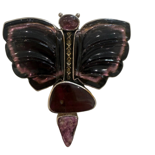 40010 , Natural Tourmaline, Pink Cobalto Calcite, Sterling Silver, Hand Carved Butterfly Pin/Pendant
