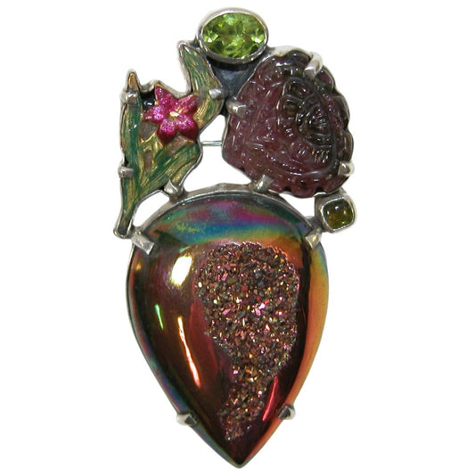 40012 Tourmaline and Enamel Floral Peridot Sterling Silver Pin Pendant