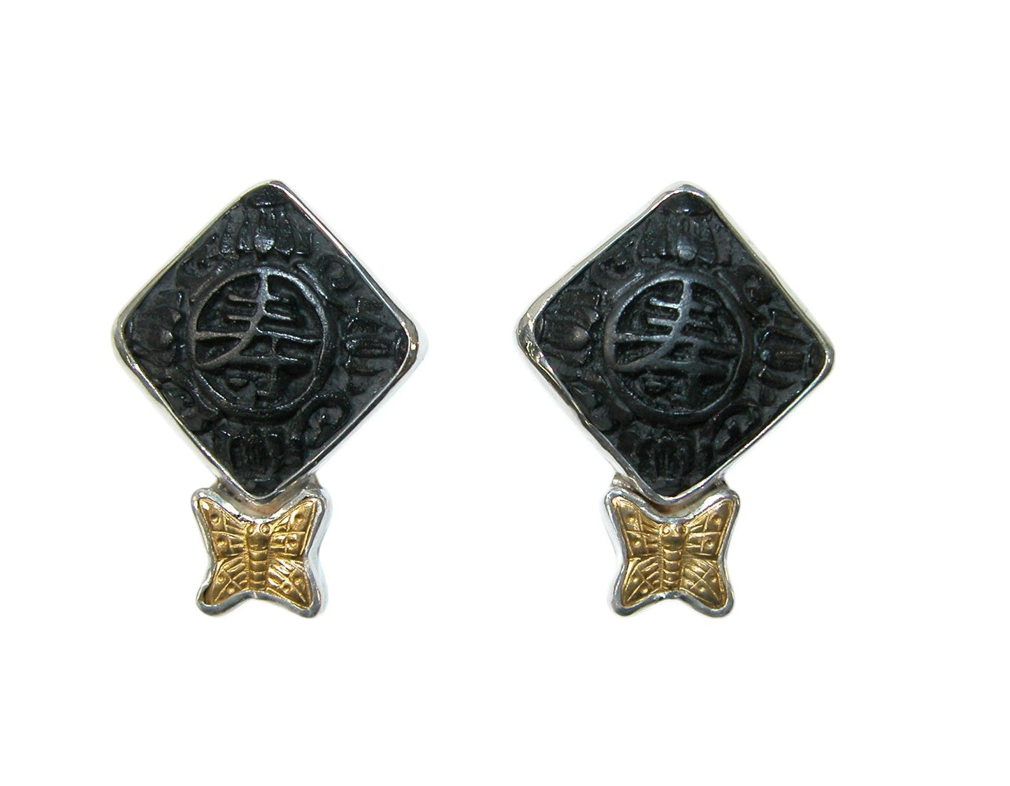 40026D Black Cinnabar Butterfly Sterling Silver Earrings