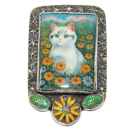 40081 Painted Cat Miniature Sterling Silver Pin and Pendant