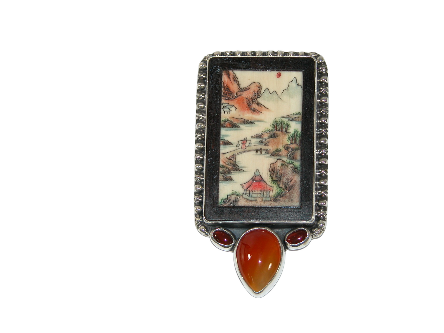 40090 Scrimshaw Fossil Carnelian Sterling Silver Pin Pendant